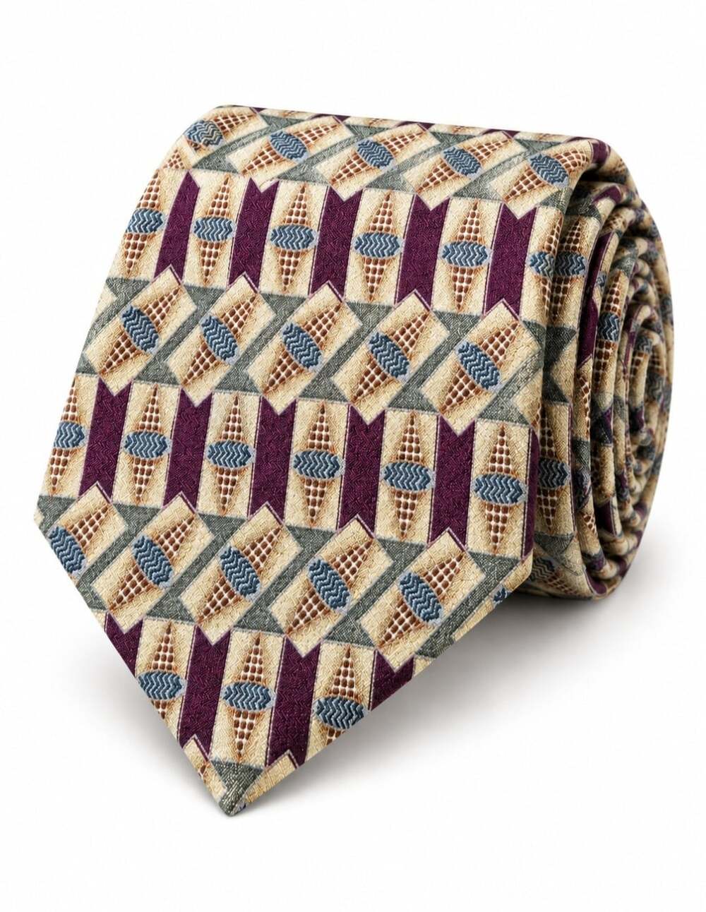 Vintage XMI Silk Tie Made USA Wide 4” Geometric Abstract Purple Gold Blue